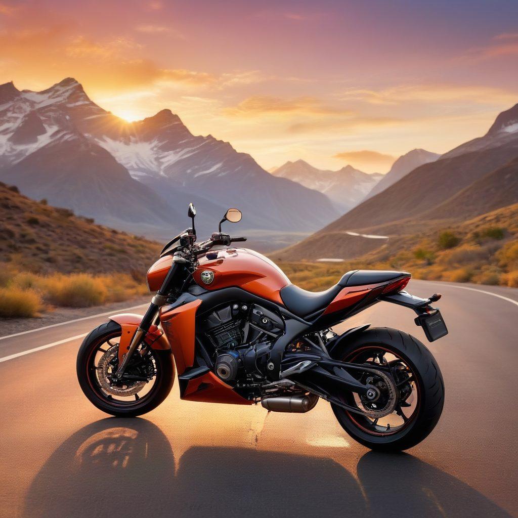 A dynamic scene of a sleek motorcycle parked on a winding road surrounded by mountains at sunset, highlighting the freedom and adventure of riding. In the foreground, a detailed insurance document lays open next to a helmet, symbolizing protection. Vivid colors of the sky reflecting on the bike, with subtle hints of symbols representing different insurance options, like shields or checkmarks. super-realistic. vibrant colors. cinematic lighting.
