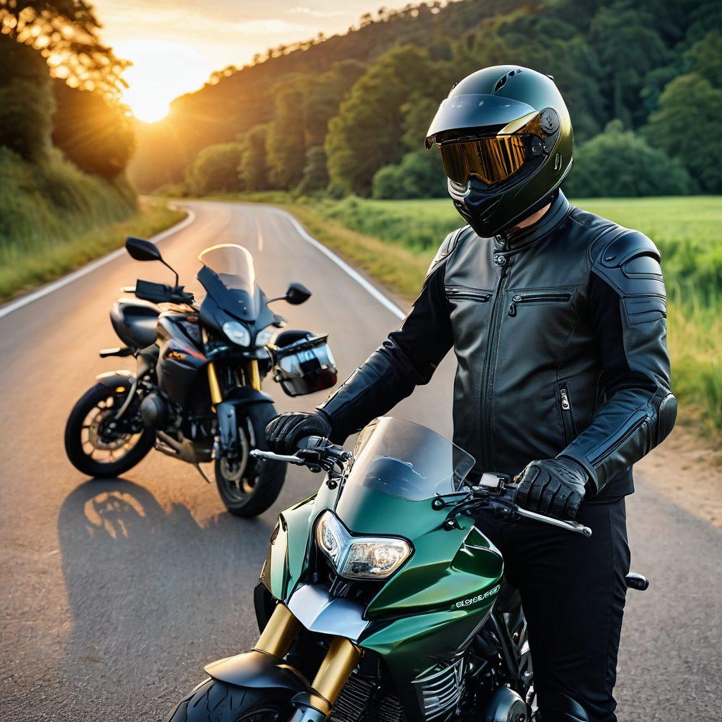 A biker wearing a protective helmet, standing beside a sleek motorcycle on a winding road surrounded by lush green hills. Emphasize safety gear, including gloves and a jacket, while displaying an open notebook with insurance information visibly written. The sun setting in the background casts a warm glow, symbolizing safety and awareness. super-realistic. vibrant colors. outdoor setting.