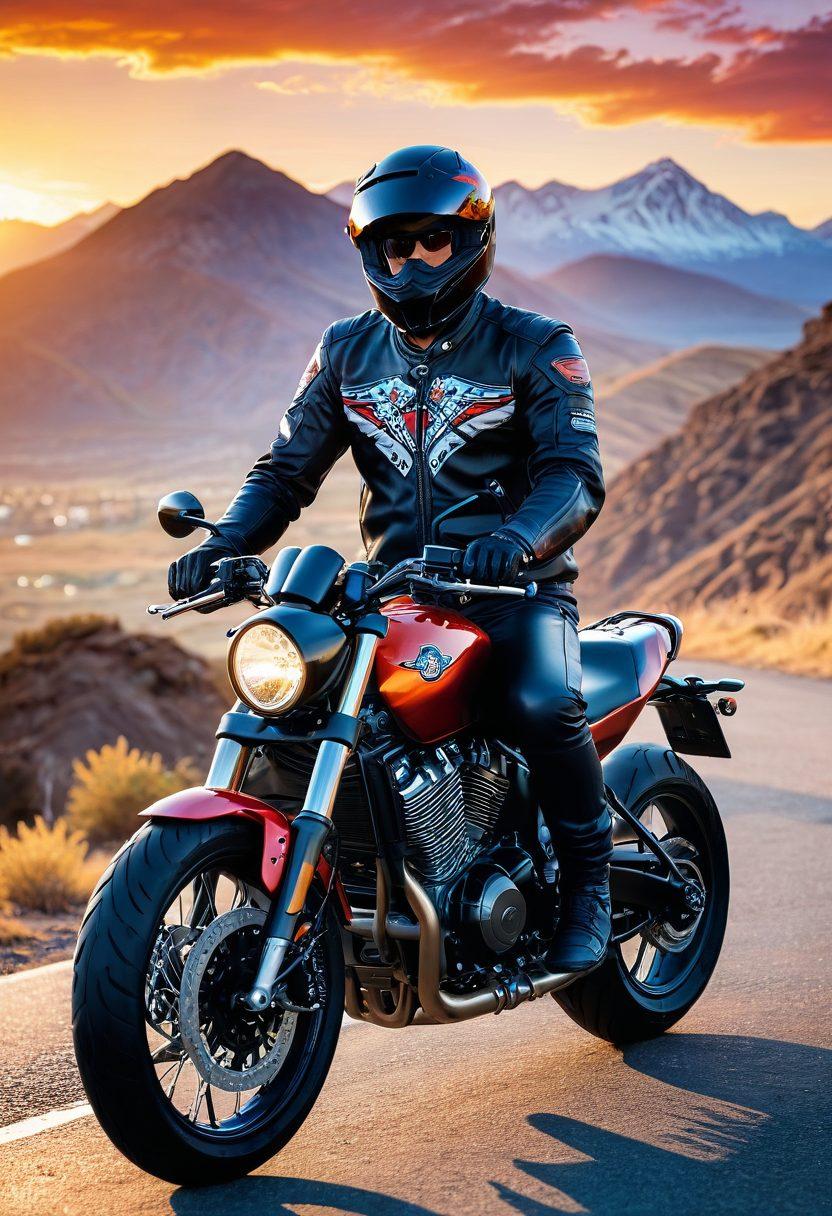 A biker sitting on a custom motorcycle under a vibrant sunset, surrounded by icons representing various motorcycle policies like helmets, insurance papers, and road safety gear. The biker is studying a digital tablet displaying different insurance packages while wearing stylish leather gear. The background features winding roads and mountains, symbolizing adventure and freedom. super-realistic. vibrant colors. dynamic composition.